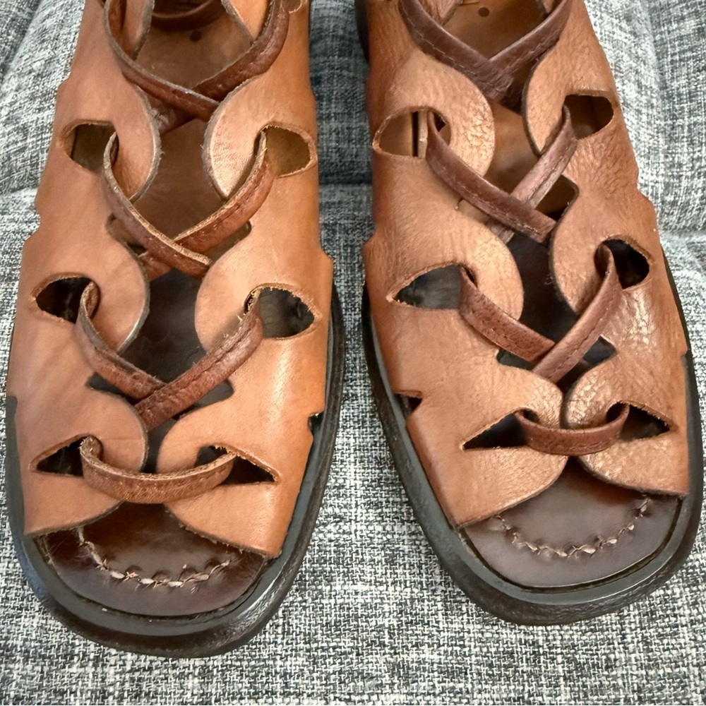 Aketohn Brown Leather Lace Up Gladiator Sandals Stacked Chunky Heel Size 37 - Picture 5 of 14